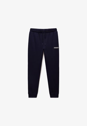 Marineblå joggingbukser med elastisk talje, snøre, manchetter ved anklerne og lille hvidt logo på øverste venstre lår.