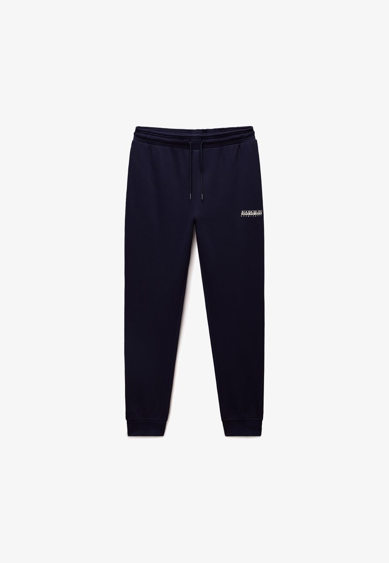 Granatowe spodnie dresowe z elastycznym pasem, sznurkiem, ściągaczami u dołu nogawek i małym białym logo na górnej lewej części uda.