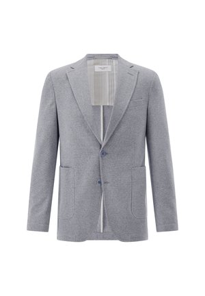 Hellgrauer Herrenblazer mit Kerbklappe, zwei vorderen Knöpfen, aufgesetzten Taschen und einem gestreiften Innenfutter.