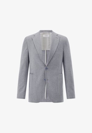 Hellgrauer Herrenblazer mit Kerbklappe, zwei vorderen Knöpfen, aufgesetzten Taschen und einem gestreiften Innenfutter.