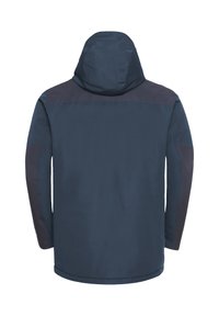 Veste imperméable marine avec capuche, présentant une texture lisse, des manches longues et des accents plus foncés sur les épaules et les manches.