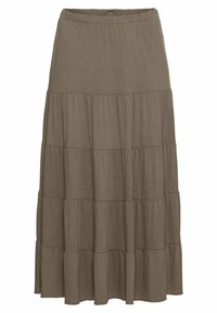 Falda maxi de color marrón con dobladillo en capas y cintura elástica, fabricada con un tejido suave y ligero. Presenta varios volantes horizontales para aportar textura.