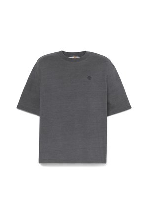 T-shirt grigio scuro a maniche corte con scollo rotondo, vestibilità comoda e piccolo logo circolare del marchio sul petto sinistro.