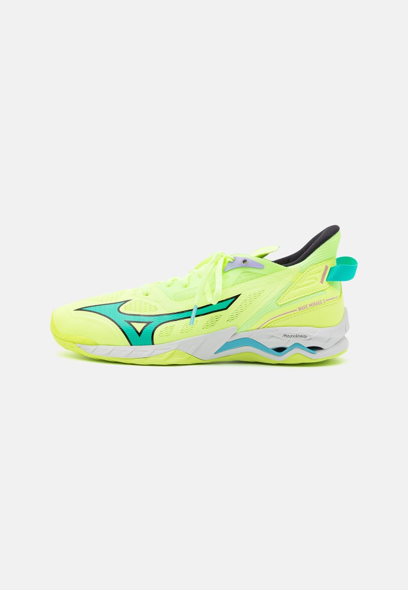 Bright neon yellow athletic shoe with mesh upper, black and aqua accents, curved sole design, and lace-up closure. Features rear pull tab.