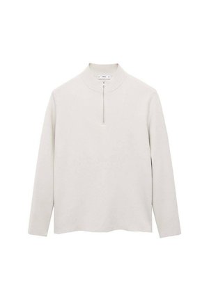Suéter de manga larga de color beige claro con collar alto de canalé y cremallera corta en el frente, diseño liso, colocado sobre un fondo blanco.