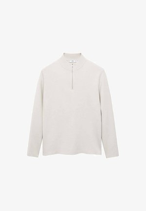 Hellbeige langärmliger Pullover mit hohem geripptem Kragen und kurzem Reißverschluss auf der Vorderseite, schlichtes Design, flach auf weißem Hintergrund ausgelegt.