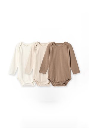 Three long-sleeve baby bodysuits in white, beige, and brown, laid flat side by side on a white background.