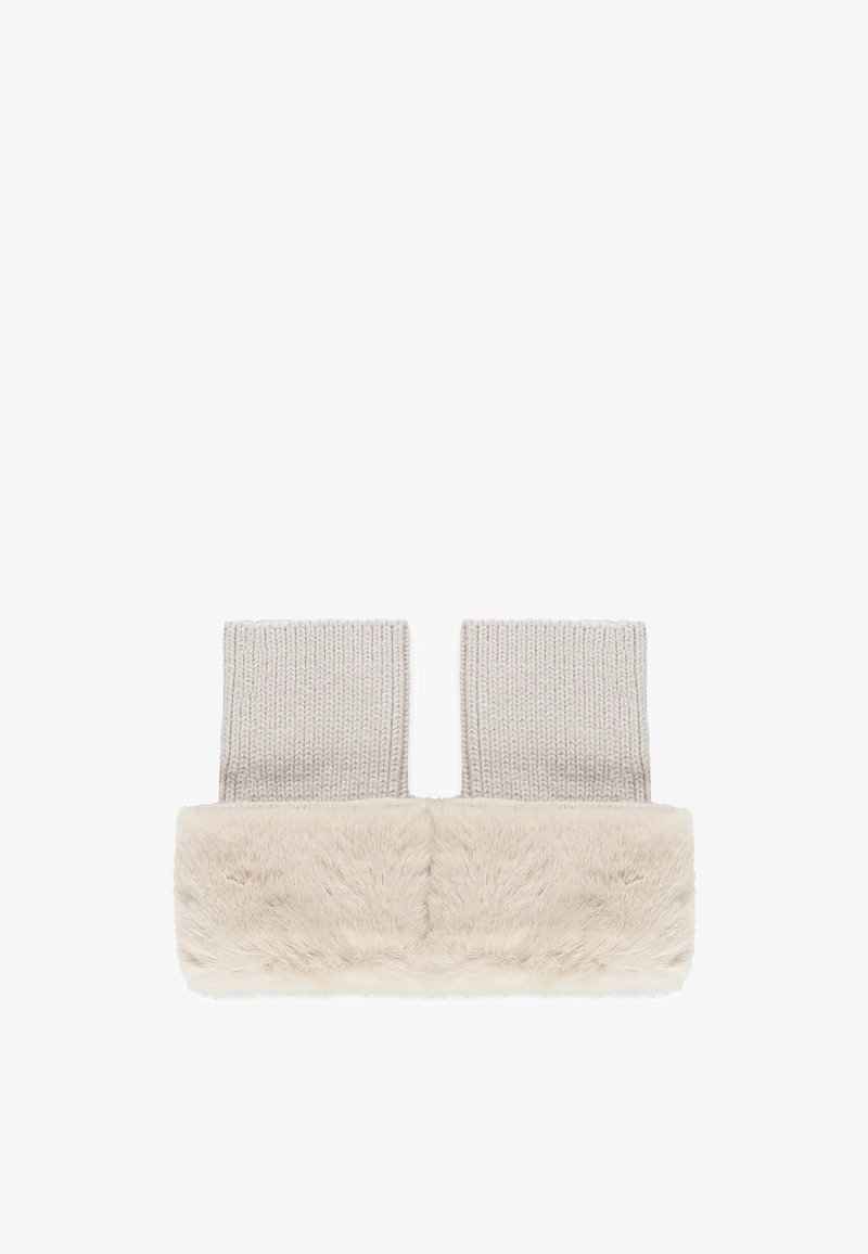 Guanti senza dita lavorati a maglia di un beige chiaro con polsino in morbida pelliccia sintetica. Presentano una texture a coste e una finitura liscia.