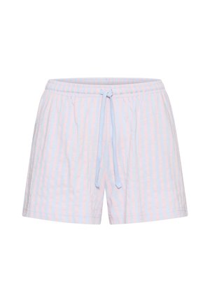 Hellblaue und rosa gestreifte Shorts mit elastischem Bund und vorne liegender Kordel zum Binden, gefertigt aus leichtem Stoff.