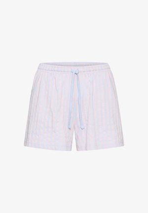 Hellblaue und rosa gestreifte Shorts mit elastischem Bund und vorne liegender Kordel zum Binden, gefertigt aus leichtem Stoff.
