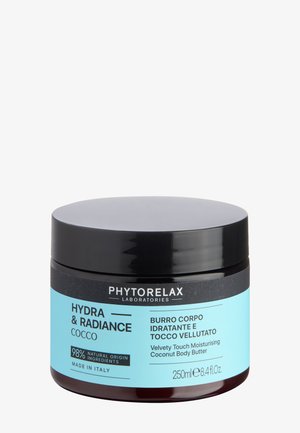 Pot de Phytorelax Hydra & Radiance Coconut Body Butter avec couvercle noir et étiquette bleue, crème hydratante, 250 ml.