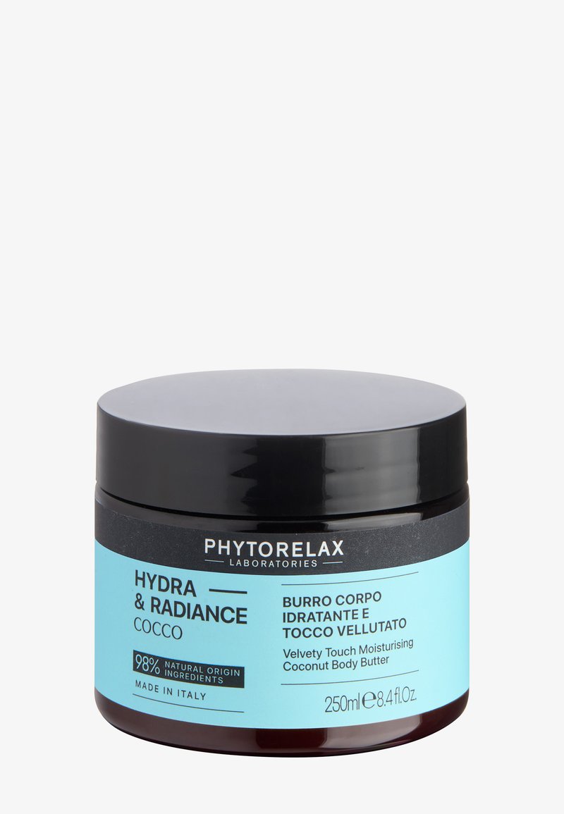 Phytorelax Hydra & Radiance Coconut Body Butter Glas mit schwarzem Deckel und blauem Etikett, Feuchtigkeitscreme, 250 ml.