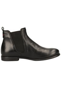 Schwarze Leder-Ankle-Boots mit elastischen seitlichen Einsätzen, runder Zehenpartie und einem niedrigen, strukturierten Absatz. Glatte Oberfläche mit einer Zuglasche.