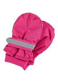 Pink waterproof mittens with elastic cuffs, featuring a reflective silver strap across the wrist for visibility. Smooth fabric texture.
