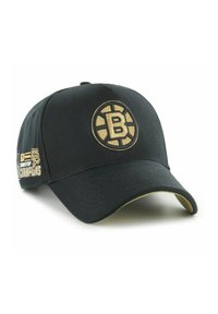 Gorra de béisbol negra con un logo bordado en oro de los Boston Bruins en el frente, visera curva y bordado adicional en oro en el lado.