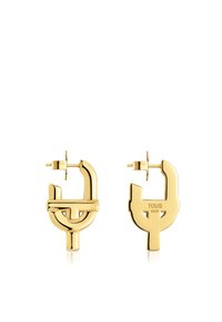 Pendientes de metal en tono dorado con un diseño geométrico, que presentan una combinación de formas circulares y lineales, y un cierre posterior seguro.
