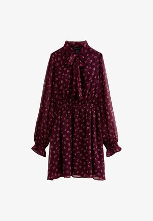 Burgundy floral dress with a tie-neck, long puff sleeves, elastic waist, and sheer fabric. Decorated with small pink flower patterns.