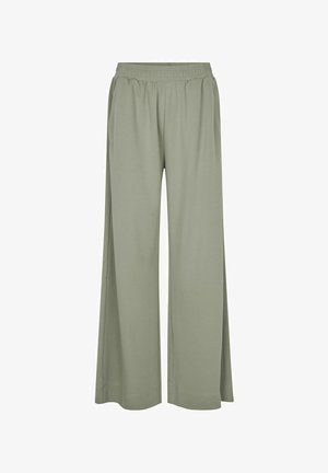 Bredde ben, lysegrønne bukser lavet af blødt, åndbart stof. Har elastisk talje og sidelommer med en glat tekstur.