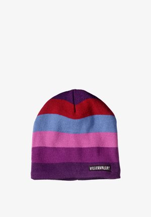 Gebreide muts met strepen in rood, blauw, roze en paars. Heeft een opgevouwen rand en een klein zwart label met "VILLERVALLA" onderaan.