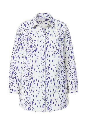 Hvid skjorte med lilla sprøjt mønster, med lange ærmer og to forlommer. Glat tekstur, afslappet design.