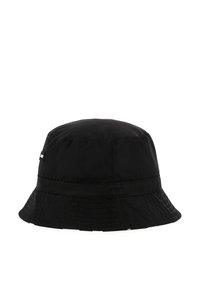 Chapeau seau noir en tissu lisse et imperméable. Présente un large bord et des détails de couture discrets. Comprend une petite étiquette de marque sur le côté.