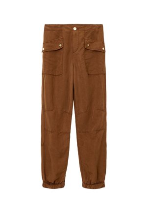 Braune, locker sitzende Hosen aus weichem Stoff mit zwei vorderen Klappentaschen, elastischen Bündchen und sichtbaren Nahtdetails.