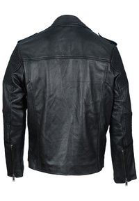 Černá kožená motocyklová bunda s vyztuženými rameny a lokty, dvěma zipovými bočními kapsami a klasickým límcem.