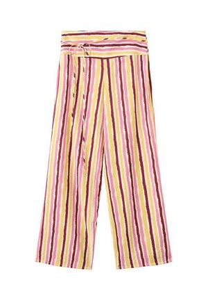Pantalones de pierna ancha con rayas verticales en rosa, amarillo y burdeos, con cintura alta y un cinturón a juego de tela atado al lado.