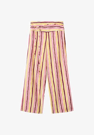 Hlače širokih nogavica s vertikalnim prugama u ružičastoj, žutoj i bordo boji, s visokim strukom i odgovarajućim remenom od istog tkanja vezanim sa strane.