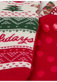 Red and white holiday socks with knitted patterns, including trees and reindeer, featuring non-slip red dots on the sole for grip.