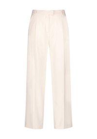 Pantalons à jambes larges de couleur crème clair, en tissu lisse, avec un devant plissé et une taille ajustée avec passants de ceinture.