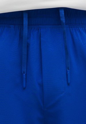 Shorts de sport bleus avec un waistband élastique, dotés de cordons de serrage et d'une texture lisse. Inclut des plis pour un détail de design supplémentaire.