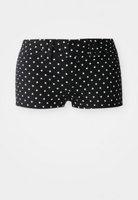 Schwarze Shorts mit weißen Punkten, ausgestattet mit Gürtelschlaufen und einem taillierten Bund auf einem schlichten weißen Hintergrund.