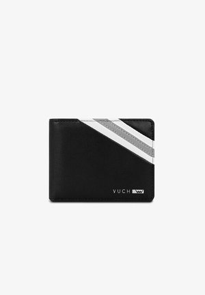 Black leather wallet featuring diagonal white and gray stripes, VUCH branding, and a smooth texture. Compact rectangular shape.