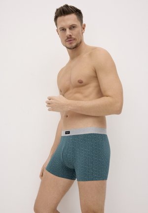 Hombre sin camiseta con cabello corto y castaño, vestido con calzoncillos bóxer con patrón en color verde azulado y una cintura gris claro, posando contra un fondo blanco liso.