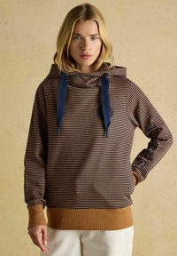 Triibuline kapuutsiga sviiter pruun ja tumesinine, koos kaelusega, soonikuga mansettide ja alläärega. Vasakul varrukal on logodetail ja kontrastsed tõmblukud.