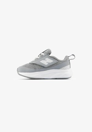 Gray and white New Balance sneaker with mesh fabric, cushioned sole, laces, and pull tab on heel, side view on white background.