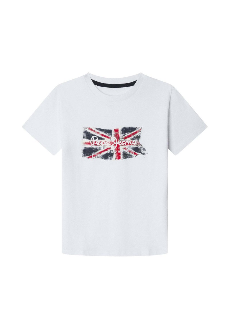 Bijela pamučna majica s distressed dizajnom Union Jack u crvenoj, crnoj i plavoj boji, s natpisom "Pepe Jeans London" ispisanim u bijeloj boji.