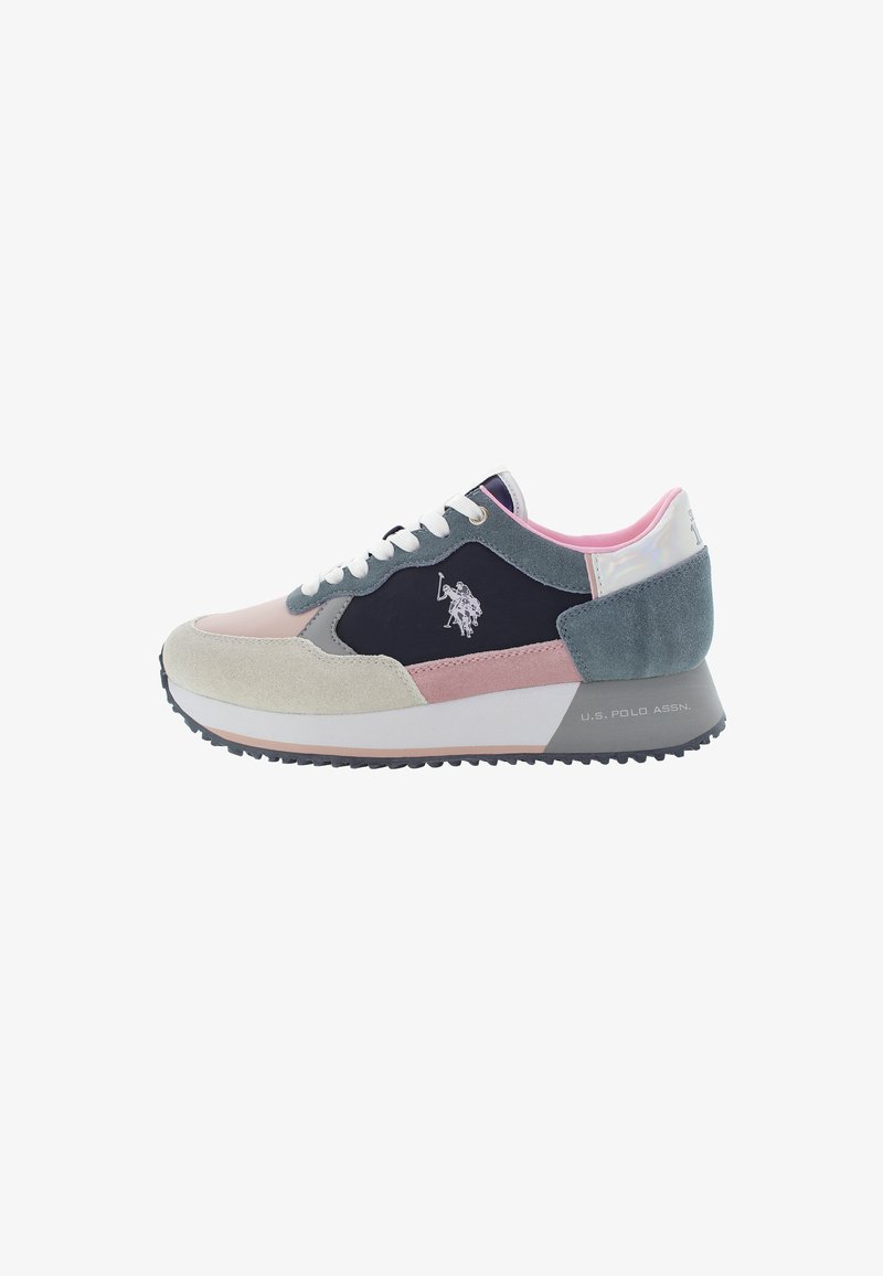 Sportowe sneakersy wykonane z połączenia zamszu i tkaniny w kolorze granatowym, różowym, szarym i białym. Mają wyściełany kołnierz, sznurowadła z materiału oraz gumową podeszwę.