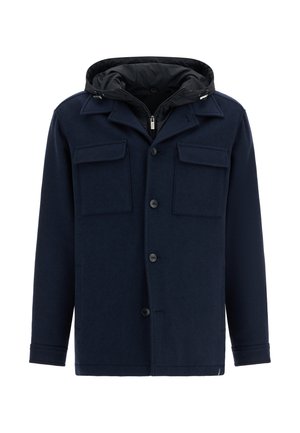 Marineblaue Jacke mit vorderen Knöpfen, zwei Brusttaschen mit Klappe, Seitentaschen und einem schwarzen, mit Reißverschluss versehenen, kapuzenförmigen Innenfutter.