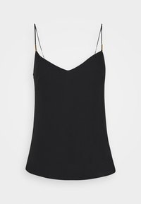 Camisole sans manches noire avec un décolleté en V, en tissu lisse. Dispose de fines bretelles avec des connecteurs dorés et un ourlet légèrement évasé.