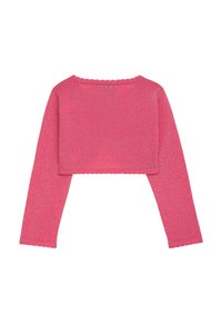 Gekürzter pinker Strickpullover mit langen Ärmeln, strukturiertem Stoff und gewellten Kanten am Ausschnitt und an den Bündchen. Keine sichtbaren Verschlüsse.