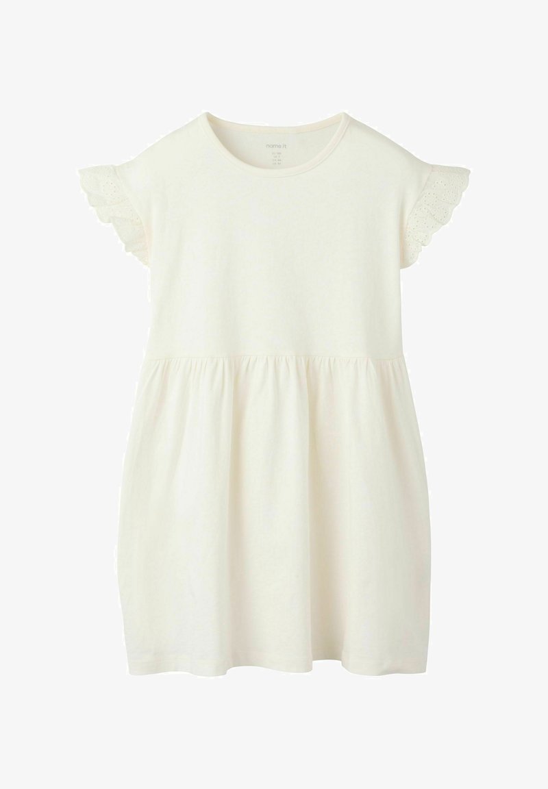 Φόρεμα για νήπια σε κρεμ απόχρωση με κοντά μανίκια από δαντέλα eyelet και λεπτομέρεια σούρας στη φούστα, στρογγυλή λαιμόκοψη.