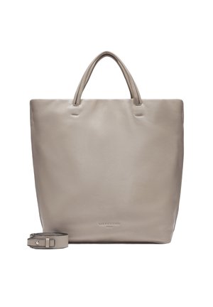 Graue Leder-Tote-Tasche mit zwei Griffen, strukturiertem Design, glatter Textur und abnehmbarem Schulterriemen. Merkmale eine minimalistische Markenkennzeichnung auf der Vorderseite.