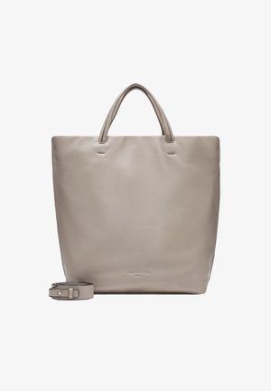 Graue Leder-Tote-Tasche mit zwei Griffen, strukturiertem Design, glatter Textur und abnehmbarem Schulterriemen. Merkmale eine minimalistische Markenkennzeichnung auf der Vorderseite.
