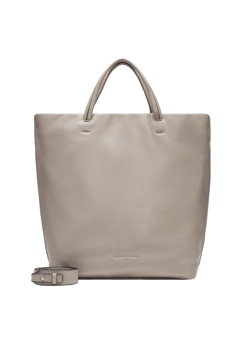 Graue Leder-Tote-Tasche mit zwei Griffen, strukturiertem Design, glatter Textur und abnehmbarem Schulterriemen. Merkmale eine minimalistische Markenkennzeichnung auf der Vorderseite.