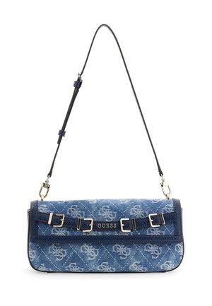 Borsa a spalla Guess in denim blu con motivo trapuntato, fibbie argento e tracolla regolabile.