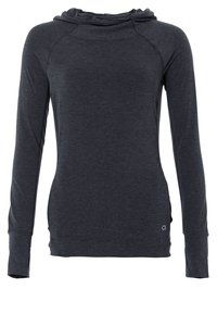 Dunkelgrauer, langärmeliger Hoodie aus einem weichen Material, mit lockerer Passform, hohem Kragen und gerippten Bündchen mit Daumenlöchern.