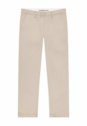 Beige Chinos aus einem Baumwollmischgewebe mit geradem Bein, Fronttaschen und Knopfverschluss an der Taille.