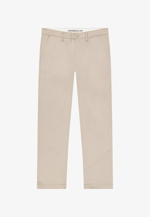 Pantaloni chino beige realizzati in tessuto misto cotone, con design a gamba dritta, tasche anteriori e chiusura con bottone in vita.